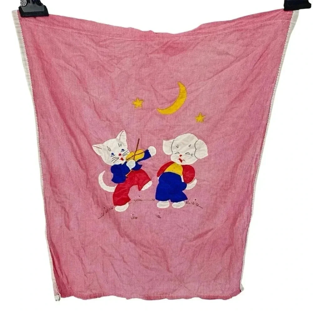 Vintage 40’s handmade kitten & puppy appliqué gingham nursery wall hanging